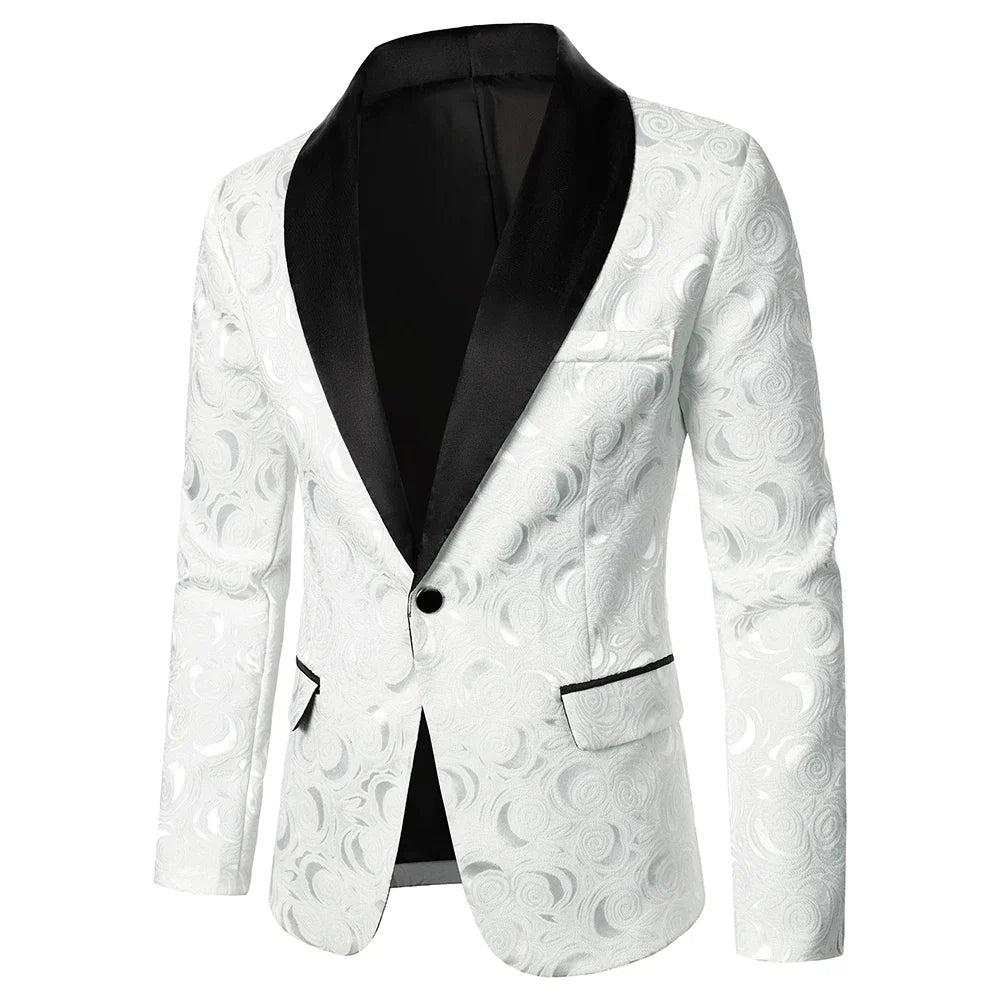 New Men Rose Pattern Bright Jacquard Fabric Contrast Collar Party Luxury Design Causal Fashion Slim Fit Men Blazer White, XL, CHINA