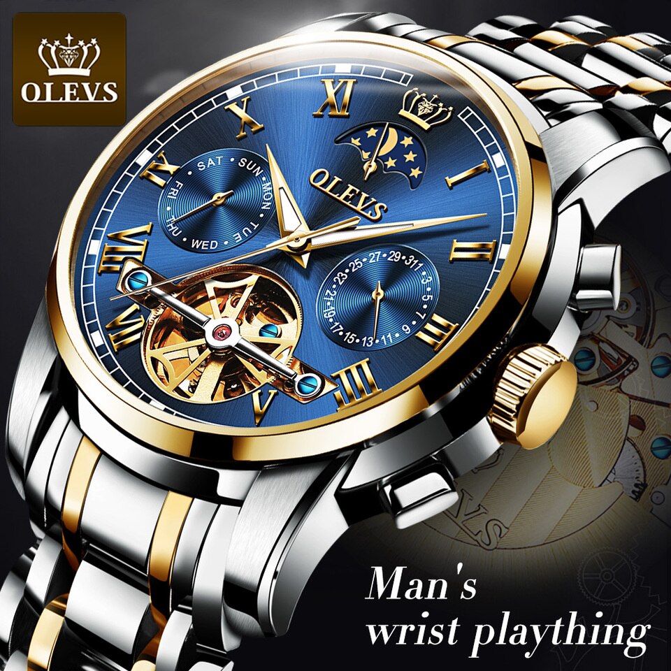 New Men OLEVS Mechanical Dress Watch Top Brand Men Watch Automatic  Dress Luxury Moon Light Phase Tour Billon Wristwatch Gifts for Male