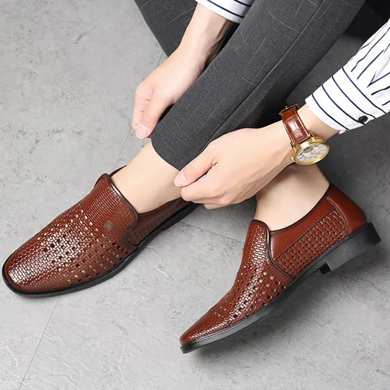 Summer Sandals Men's Leather Shoes Casual Soft Sole Breathable Business Leather Sandals Low Heel Hollow Out Dress Sandals