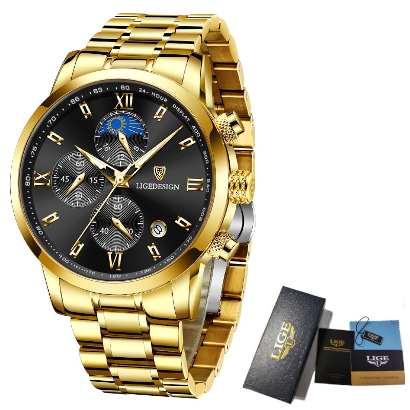 Men Watches Waterproof Luminous Top Brand Luxury Leather Casual Sports Quartz Wristwatch Military Man Watch For Men relogio Gold Black