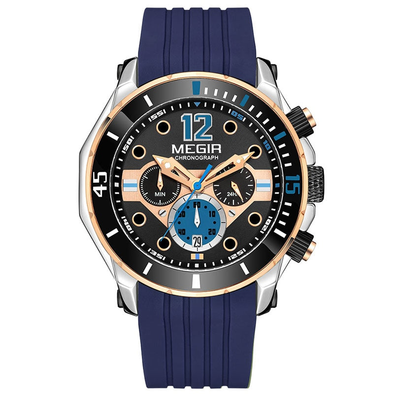 MEGIR Chronograph Watches for Men Fashion Military Sport Silicone Strap Wristwatch with Auto Date Waterproof Quartz Watch Blue