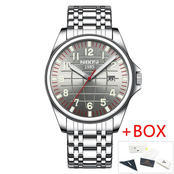 Top Brand Luxury Mens Watches Luminous Waterproof Stainless Steel Watch Quartz Men Date Calendar Business Wristwatch Silver Grey