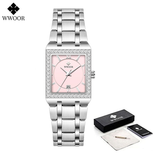 New Fashion Ladies Diamond Watch Top Brand Luxury Square Wrist Watch Simple Women Dress Small Watch Relogio Feminino Silver pink 1