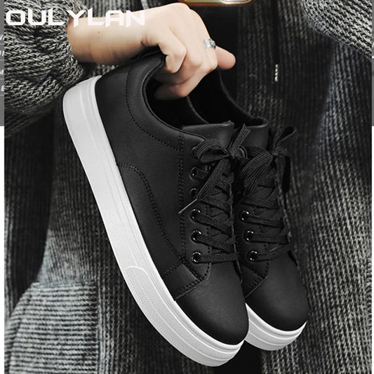 Solid Color White Black Shoes for Men Fashion Artificial PU Casual Board Shoes Trendy Student Footwear