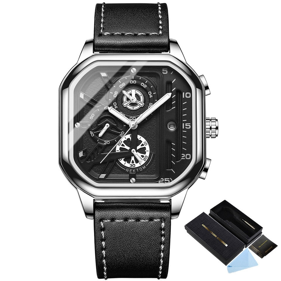 Square Chronograph Casual Fashion Sports Wrist Watch For Men Leather Clock Luxury Business Wristwatch Waterproof Date Watch