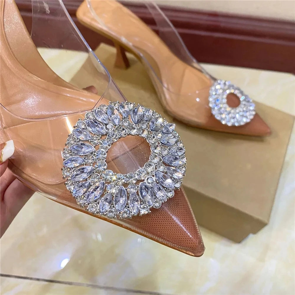 Luxury Brand Women High Heels Rhinestone Fashion Sandals Summer Transparent Shoes Ladies Pumps Slingbacks Plus Size 42