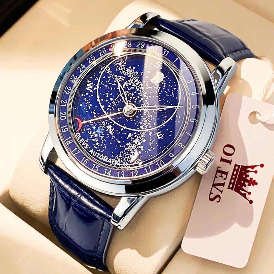 OLEVS Men Mechanical Watch 43.5mm Dial Rotating Watch Second Hand Luminous Star Men's Watch Hombres Mecánico Superficie 9923 Silver Blue, China