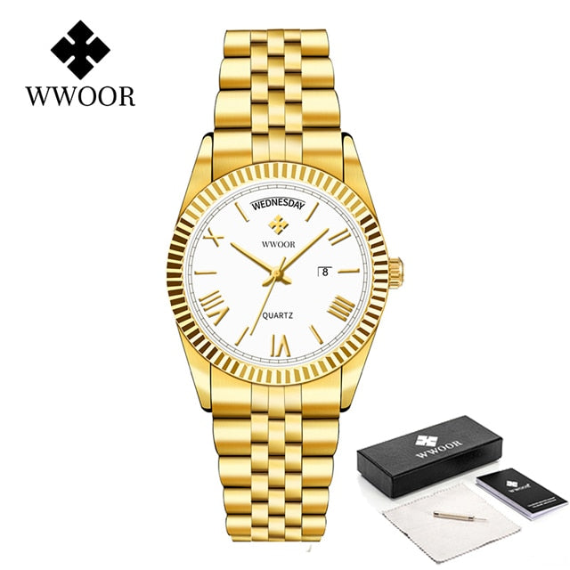 New Gold Watches Mens Luxury Stainless Steel With Calendar Warter proof Male Clock Week Quartz Wristwatch Relogio Masculino