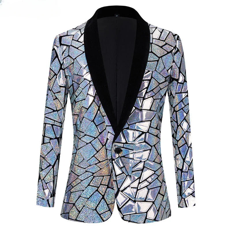 Luxury Laser Sequin Tuxedo Blazer Men One Button Shawl Lapel Party Stage Prom Singer Costume Homme Silver Blue, Eu Size XL