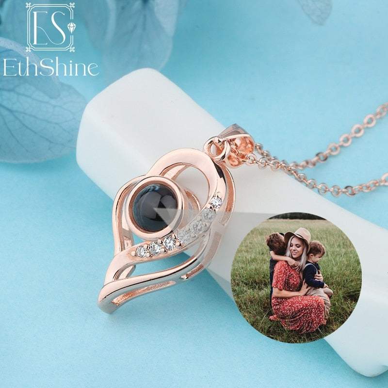 EthShine S925 Silver Personalized Heart Photo Projection Necklace Christmas Day Gift Photo Custom Jewelry Birthday Lover Family