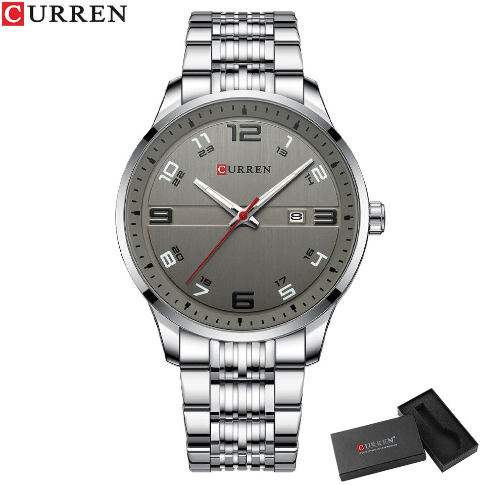 New Business Men Luxury Watches Stainless Steel Quartz Wrsit watches Male Auto Date Clock with Luminous Hands gray box