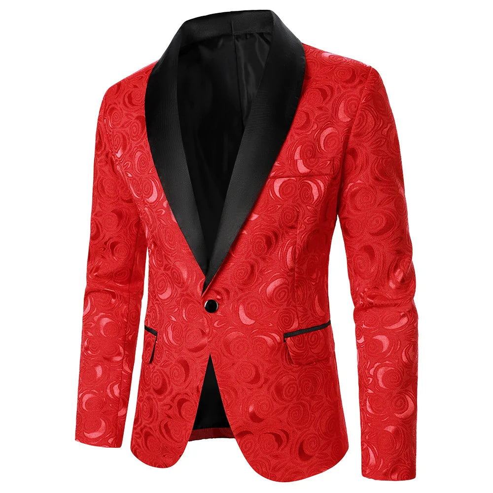 New Men Rose Pattern Bright Jacquard Fabric Contrast Collar Party Luxury Design Causal Fashion Slim Fit Men Blazer Red, S, CHINA