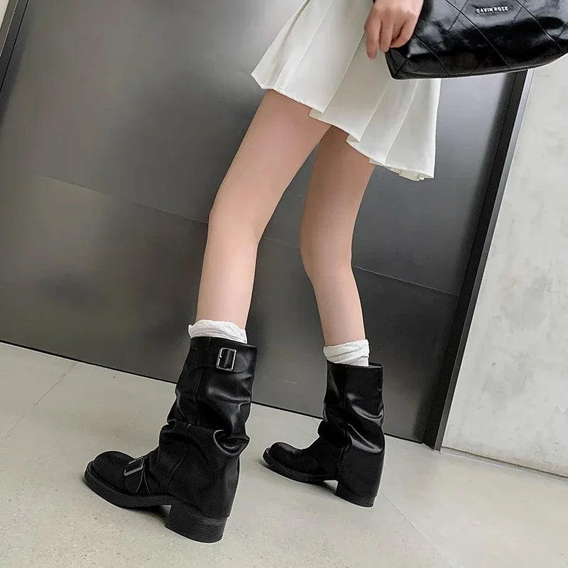 Autumn Winter Thick High Heels Women Mid Calf Boots Gothic Calves Motorcycles Boots Buckle Comfy Walking Boots