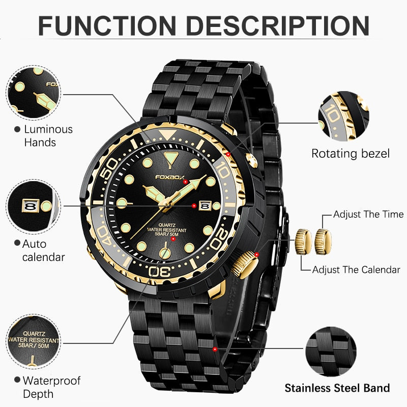 Men Watch 50M Waterproof Luminous Sport Wristwatches Rotating Bezel Quartz Watches with Auto Date Relogio Masculino