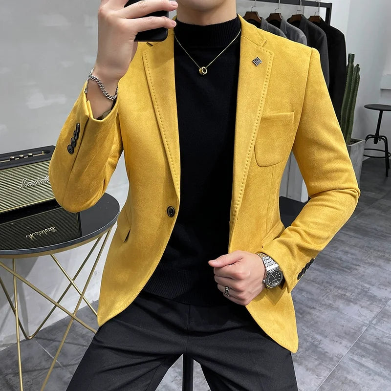 Men Deerskin Fleece Jacket Suit Coat Blazer Business Leisure Slim Fit Single Button Suit Coat Yellow, Asia S 45-50KG