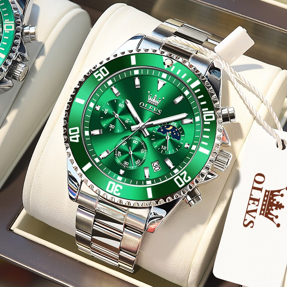 Men Watch Quartz Waterproof Luminous Stainless Steel Watch Green Sport Date Moon phase Wrist Watch for Men Reloj hombres