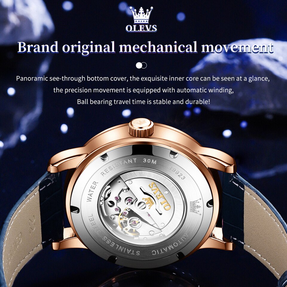 OLEVS Men Mechanical Watch 43.5mm Dial Rotating Watch Second Hand Luminous Star Men's Watch Hombres Mecánico Superficie 9923