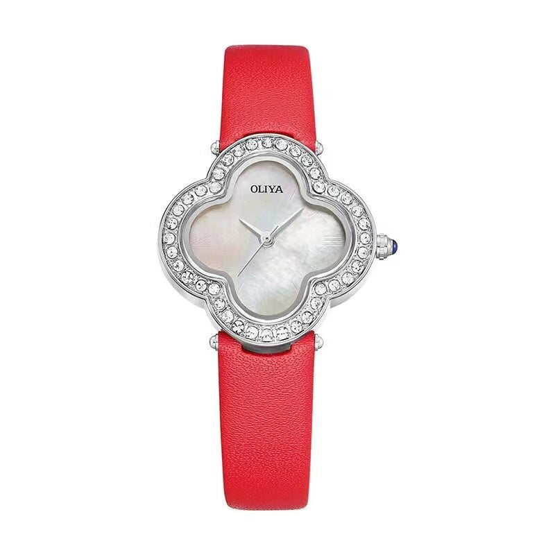 Lucky Girl Watch Leather Strap Diamond Craft Ladies Gift Hope Faith Pearl shell Ladies Quartz Watch Montres pour femmes Siver shell red