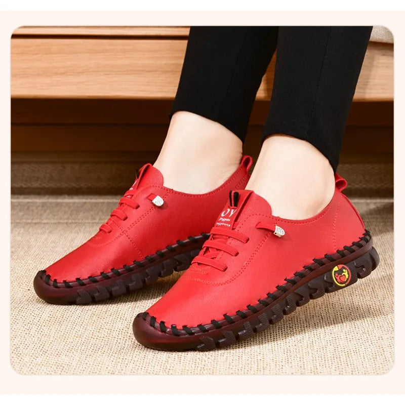 Sneakers Women Leather Loafers Comfortable Slip on Hand Sewing Thread Mom Spring Autumn Flats Shoe Adult Rubber PU Basic Casual