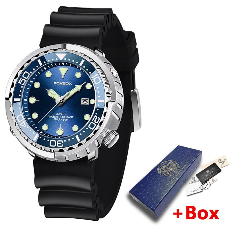 New Men Watches 5ATM Sports Waterproof Quartz Wristwatch Luminous Clock with Steel Bezel Watch for Men Relogio Masculino+Box Blue-Silicone