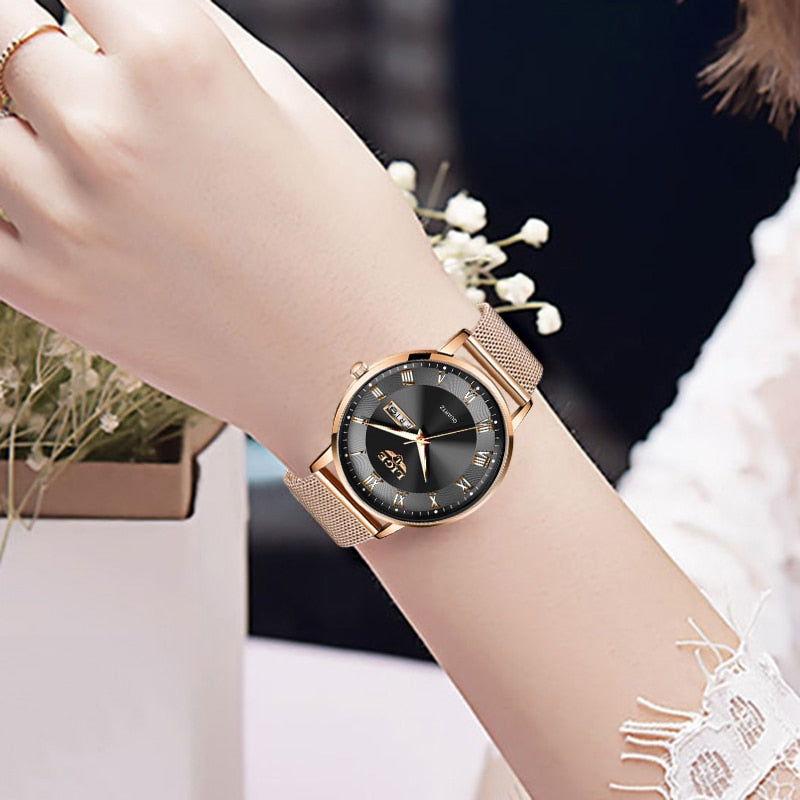 Women Watch Bracelet Quartz Clock Movement Simple Waterproof Rose Gold Stainless Steel Mesh Ladies Watches