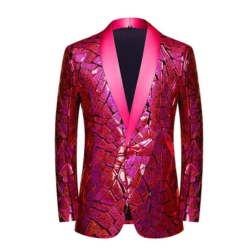 Luxury Laser Sequin Tuxedo Blazer Men One Button Shawl Lapel Party Stage Prom Singer Costume Homme Red, Eu Size L