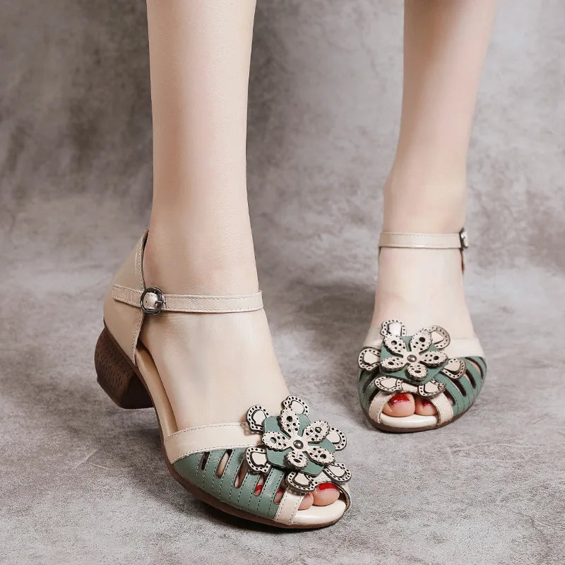 Women Mother Ladies Female Genuine Leather Sandals Shoes Platform Summer Cool Beach Retro Flowers High Heel Buckle Strap