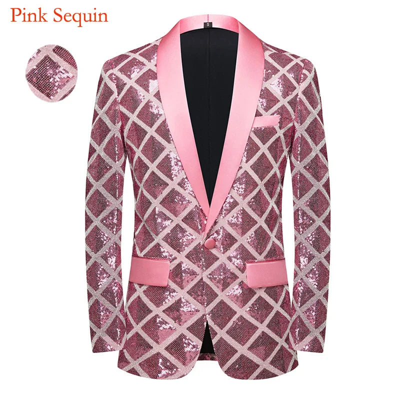 New Men Luxury Wave Striped Gold Sequin Blazer Shawl Lapel One Button Shiny Wedding Party Dinner Tuxedo Blazer Partten 17, US XS