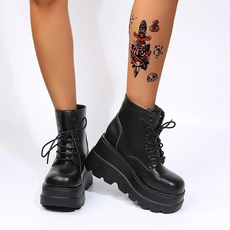 Women Boots High TopThick Sole Winter Slope Heel Lace Up Ankle Boots Women Shoes Bright Black Light Bling Black Chaussure Femme