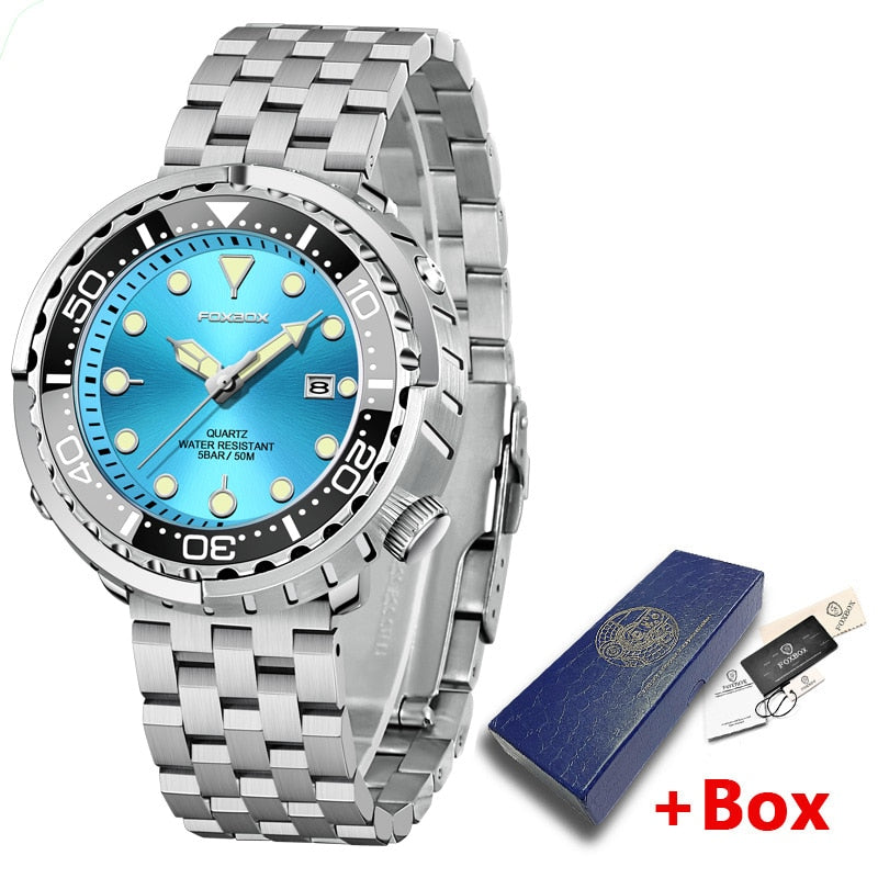 New Men Watches 5ATM Sports Waterproof Quartz Wristwatch Luminous Clock with Steel Bezel Watch for Men Relogio Masculino+Box Sky Blue-05L