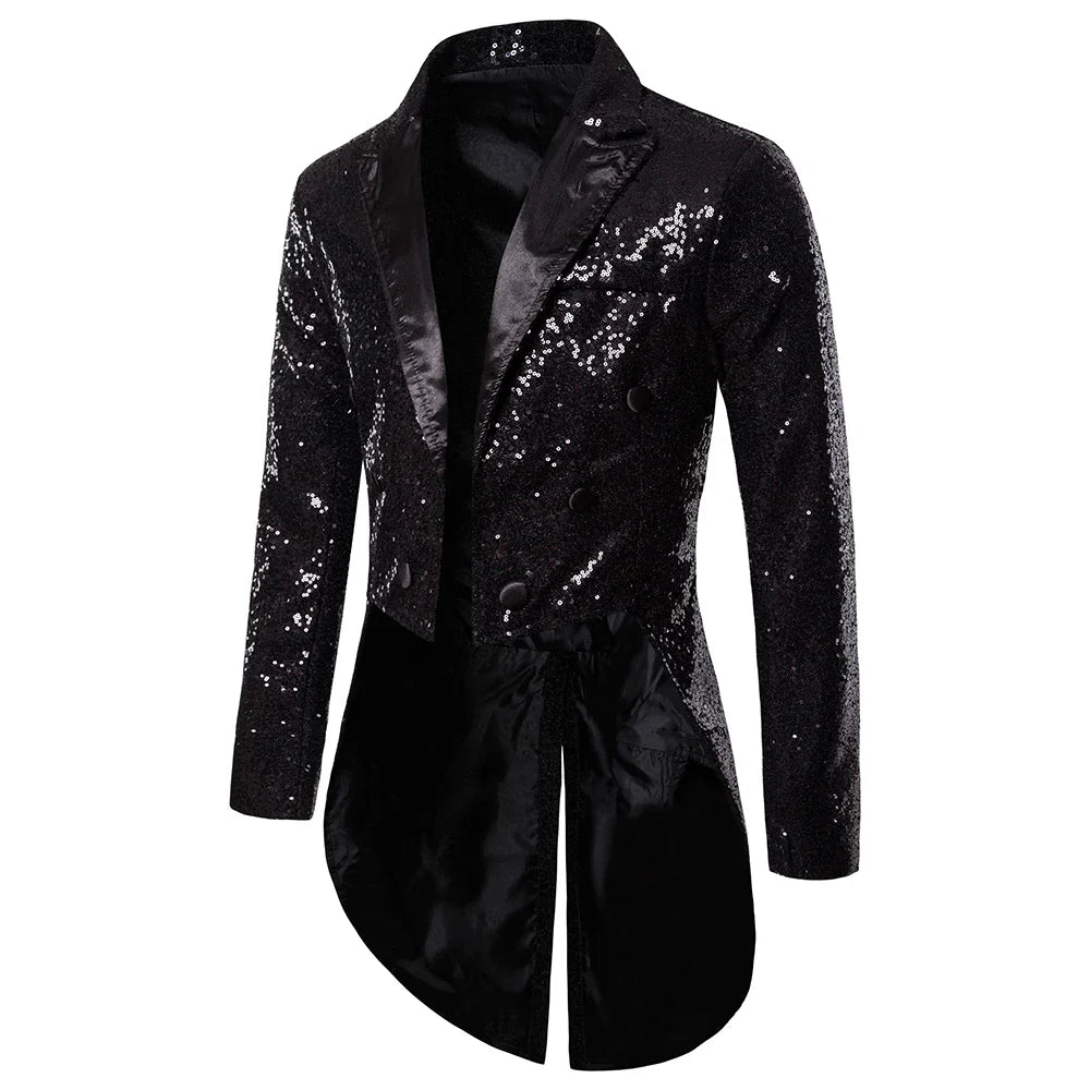 New Men Round Sequin Button Tuxedo Stage Show Wedding Host Dance Festival Blazer black, L