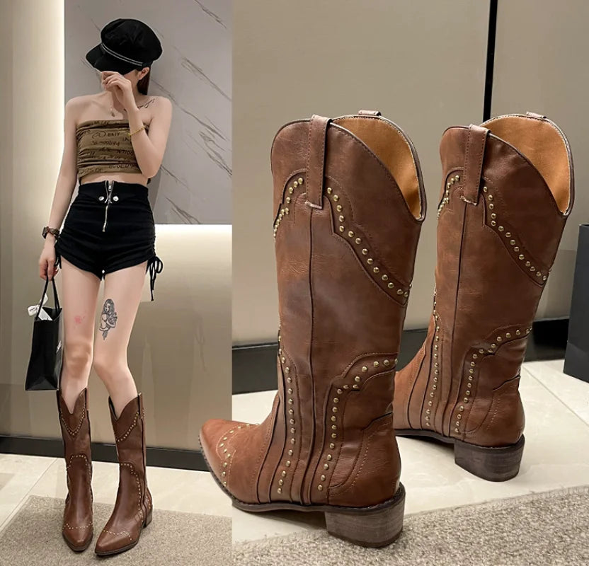 Studded Boots Women Low Heel Cowboy Chelsea Western Short Leather Knee High Luxury Designer Gothic New Rock Shoes Vintage