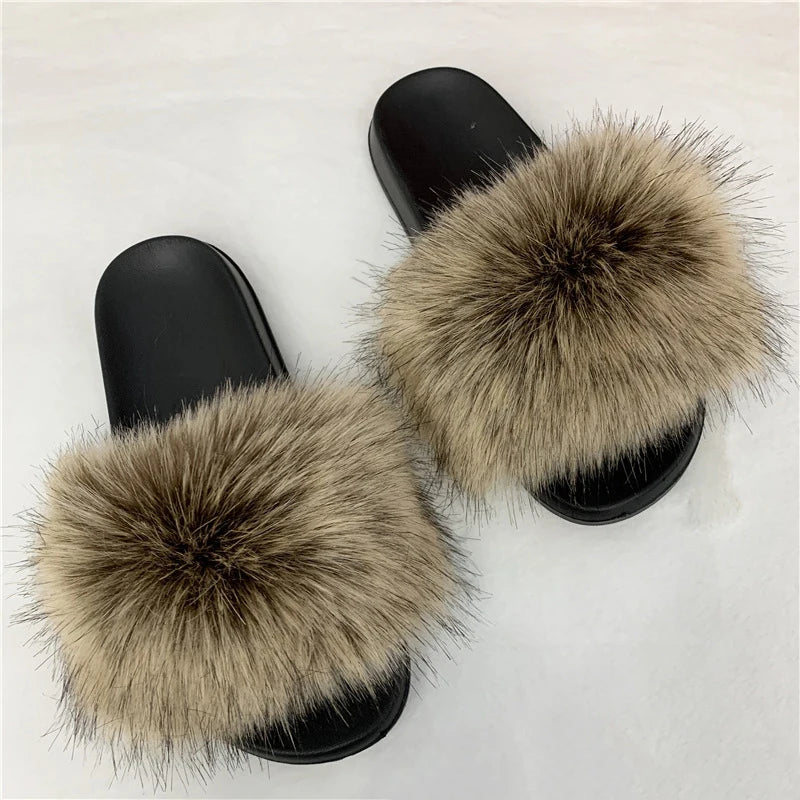 Summer Faux Fur Slippers Women Indoor Furry Fur Slides Female Plush Flip Flops Flats Sandals Casual Fluffy Slipper House Shoes