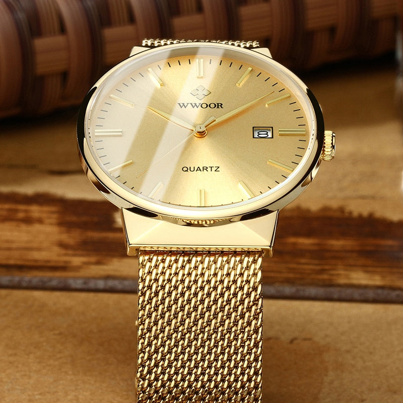 Men Simple Slim Watches Luxury Brand Gold Steel Mesh Ultra Thin Waterproof Date Wrist Watch Men Golden Clock With Box