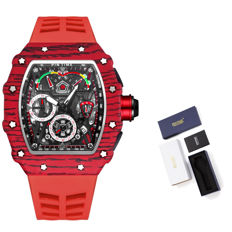 Men Fashion Sport Watch Chronograph Function Stopwatch Red Rubber Strap Auto Date Male Luxury Wristwatch