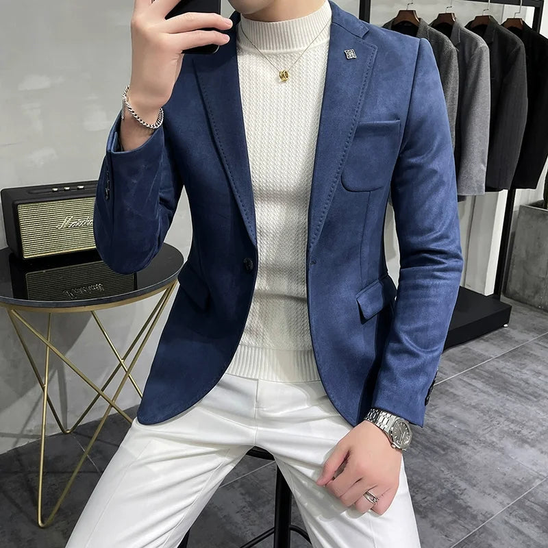 Men Deerskin Fleece Jacket Suit Coat Blazer Business Leisure Slim Fit Single Button Suit Coat Blue, Asia XL 62-68KG