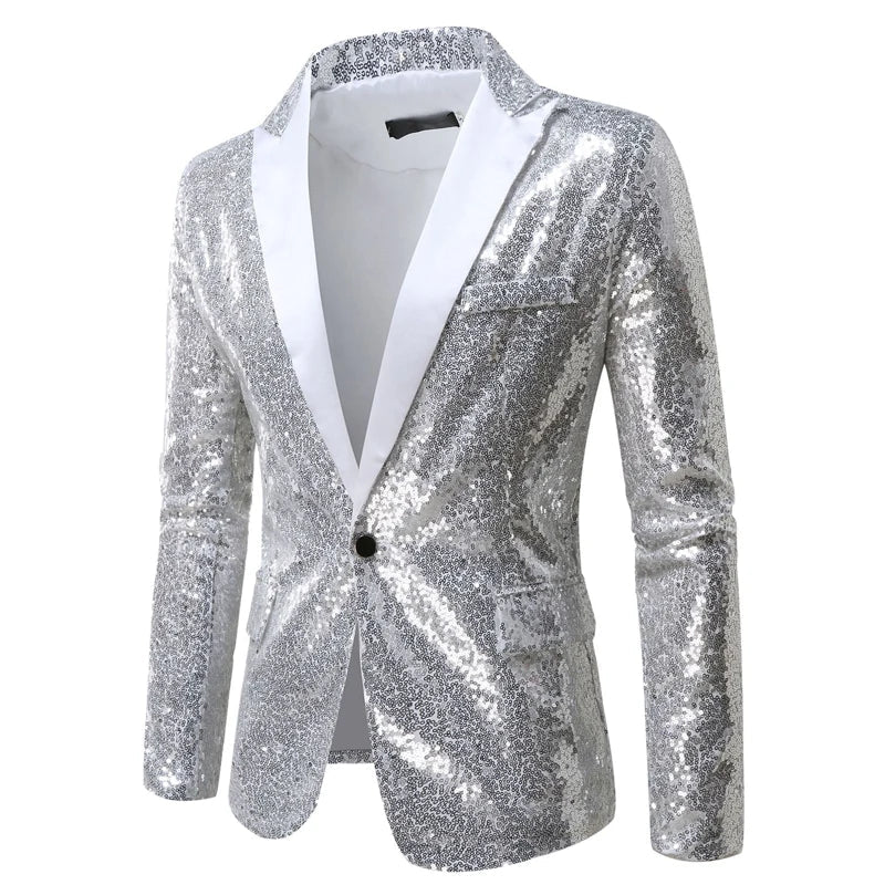 New Shiny Sequin Glitter Blazer for Men One Button Peak Collar Tuxedo Wedding Groom Party Prom Stage Costume Homme X36 Silver, US Size XXL