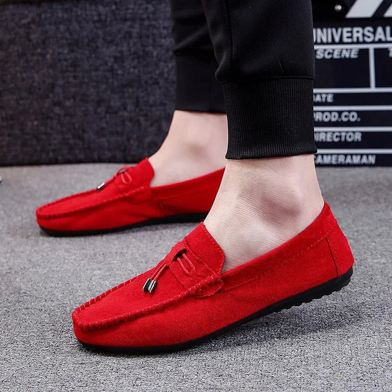 Spring Red Suede Loafers Slip On Walking Driving Shoes For Men Soft Leather Comfortable Casual Man Flat Shoes