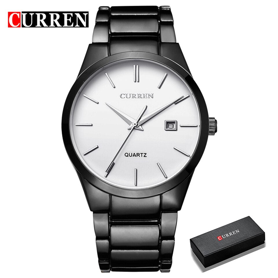 Luxury Classic Fashion Business Men Watches Display Date Quartz Watch Wristwatch Stainless Steel Male Clock Reloj Hombre black white box