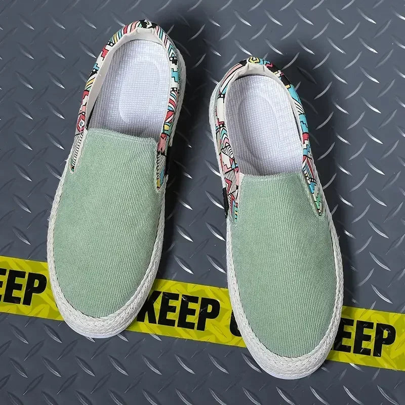 New Classic White Men's Fisherman Loafers Fashion Print Canvas Shoes Man Flats Espadrilles Breathable Male Summer Footwear