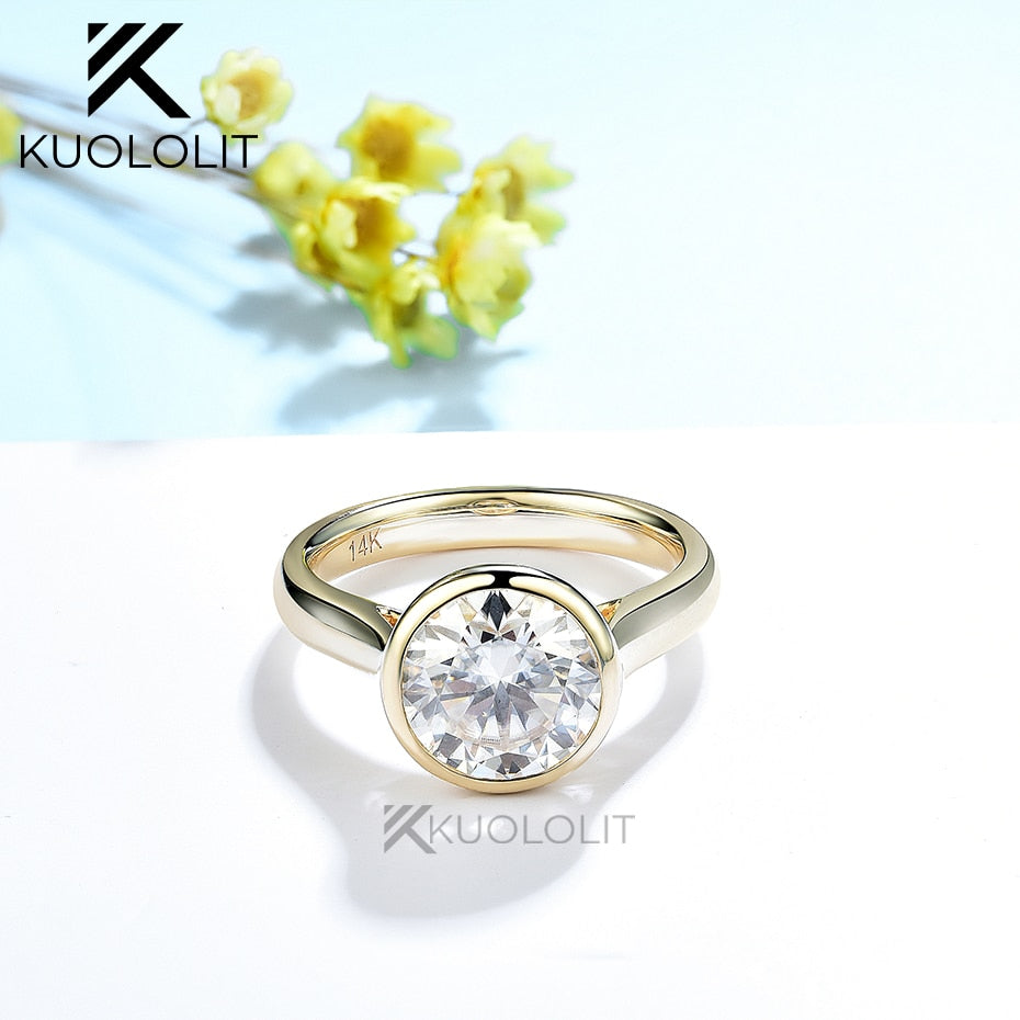 2.5CT Round Moissanite Ring for Women Soild 18K 14K Yellow Gold Bezel Set Diamond Ring  for Engagement Christmas Gifts