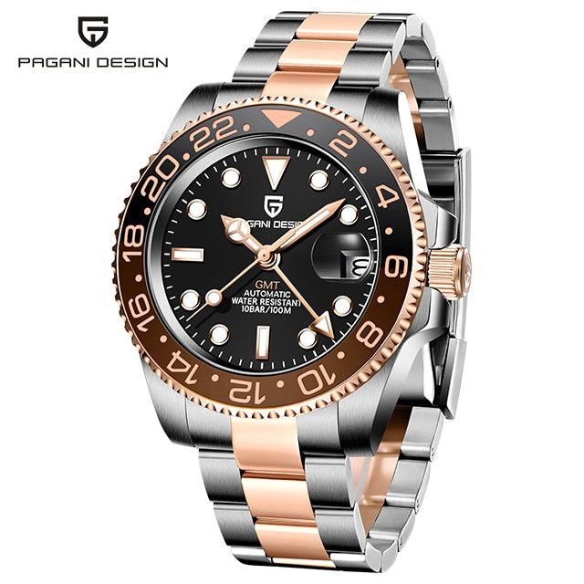 Top Brand GMT Men Mechanical Wristwatch Sapphire Stainless Steel Waterproof Automatic Watch for Men Reloj Hombre Rose gold