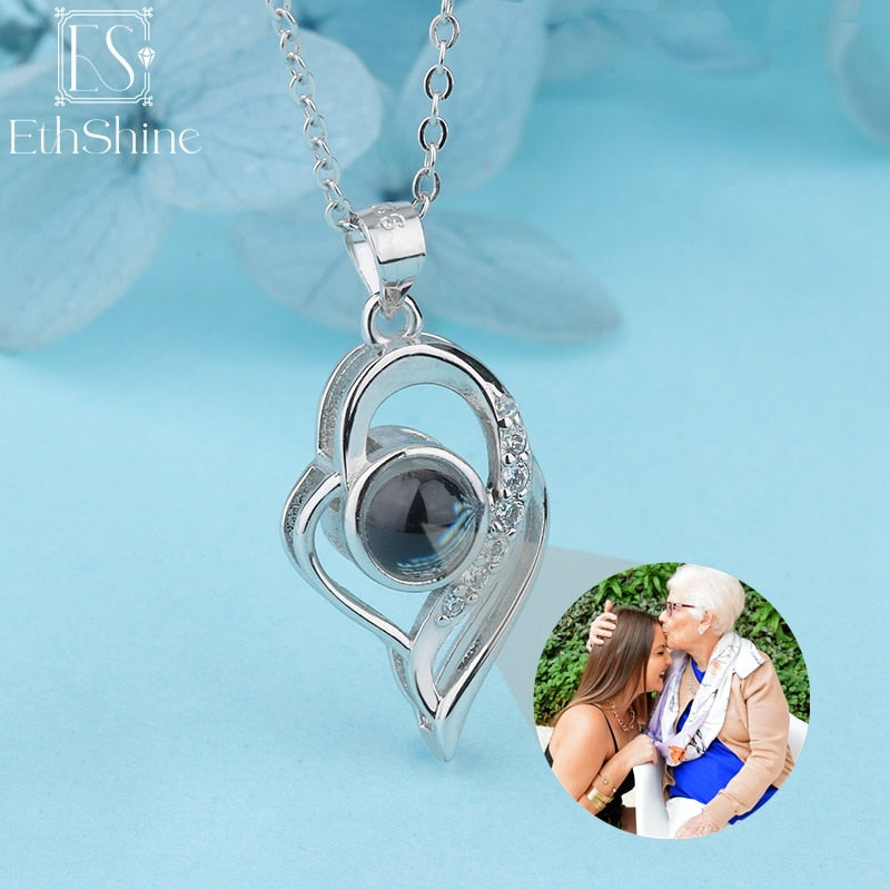 EthShine S925 Silver Personalized Heart Photo Projection Necklace Christmas Day Gift Photo Custom Jewelry Birthday Lover Family