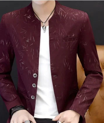 Men Casual Collar Blazers Youth Handsome Trend Slim Print Blazers Burgundy, XXXL