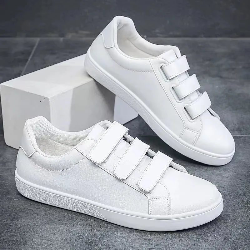 White Shoes Men Pu Leather Casual Shoes for Men Hook & Loop Loafers Fashion Skateboard Shoe Flat Male Sneakers Tennis Para Hombre