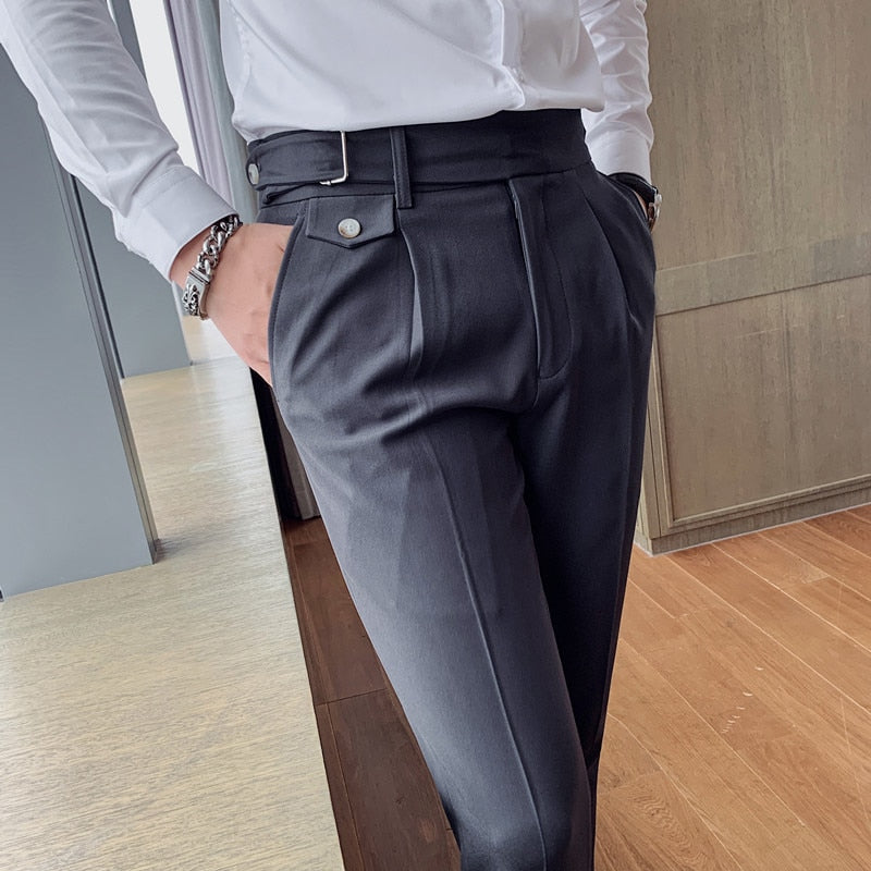 New Men British Style Autumn New Solid High Waist Trousers Men Formal Pants High Quality Slim Fit Business Casual Suit Pants Hommes 12 Gray, 30, China