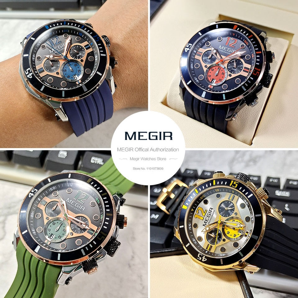 Chronograph Watches for Men Fashion Military Sport Silicone Strap Wristwatch with Auto Date Waterproof Quartz Watch часы