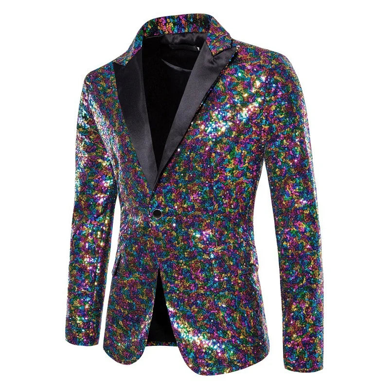 New Shiny Sequin Glitter Blazer for Men One Button Peak Collar Tuxedo Wedding Groom Party Prom Stage Costume Homme X36 Colorful, US Size XXL