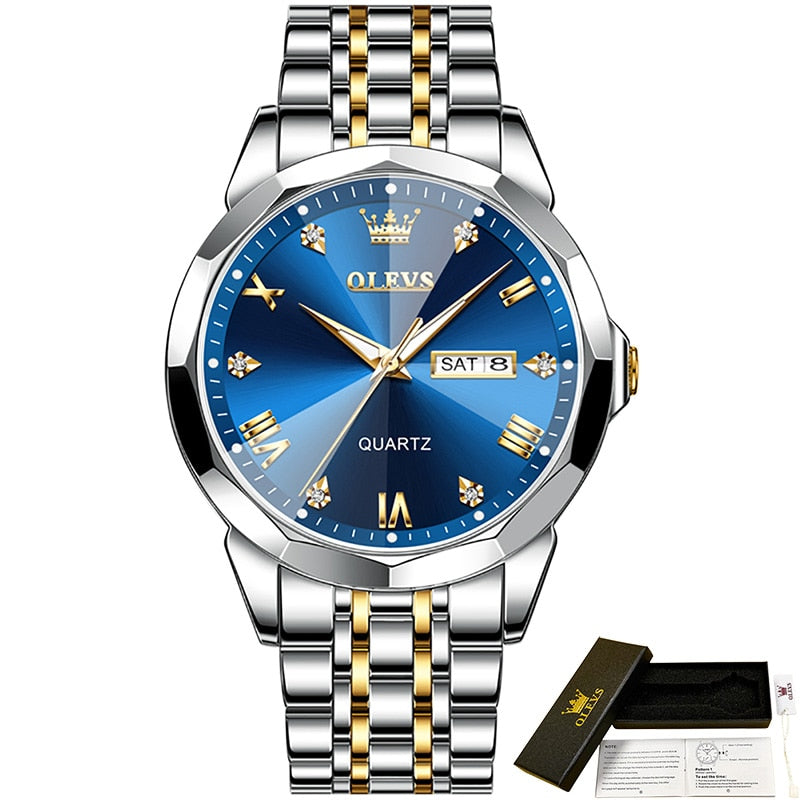 OLEVS 9931 Stainless Steel Strap Waterproof Men Wristwatch Business Dual Calendar Luxury Diamond Dial Quartz Watch for Men