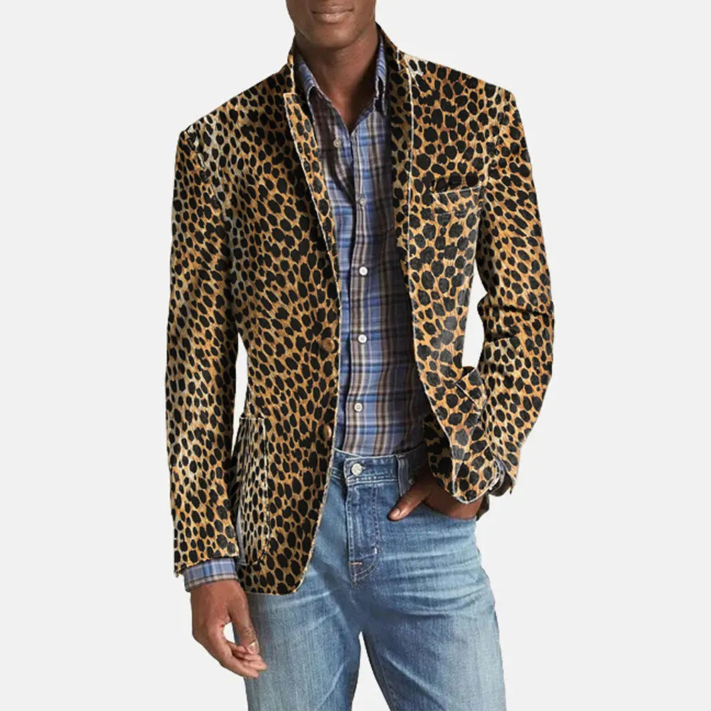 New Men Business Casual Leopard Blazer Print Notch Lapel Pocket Two Button Leopard, XXXL